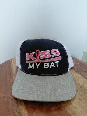 Kiss My Bat Breast Cancer Awareness Mira's Sports & More Baseball Trucker Hat OS